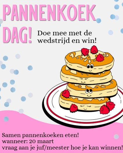 Op 20 maart is het Nationale Pannenkoekdag! 🥞 Ouderen van de Bloemschevaert komen – net als vorig jaar – lekker pannenkoeken eten bij ons op school. Kinderen uit groep 5 helpen bij het bakken, tafels dekken en serveren 🧑‍🍳

De kinderen maken kleurplaten en gedichten rondom het thema verbinding tussen jong en oud. Uit iedere klas wordt één winnaar gekozen die mag aanschuiven bij de pannenkoekenlunch op 20 maart. 

Samen gaan we er een gezellige dag van maken 🥰💛

#pannenkoekdag #verbinding #kindcentrumdeklimroos