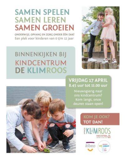 👀✨Binnenkijken in ons kindcentrum 

Op vrijdag 17 april organiseren wij een koffie-ochtend in ons kindcentrum. De koffie-ochtend is bedoeld voor alle (nieuwe) ouders die geïnteresseerd zijn in onze opvang, zorg en/of ons onderwijs 📚

Tijdens deze ochtend besteden wij aandacht aan het thema taal. Hoe begeleiden en stimuleren wij de taalontwikkeling bij kinderen van 0 tot 12 jaar die soms ook een zorgvraag hebben? 🗣️💬

Om 10.00 uur is er een vrijblijvende rondleiding.

U bent van harte welkom om een kijkje te komen nemen, sfeer te komen proeven en kennis te komen maken met kindcentrum De Klimroos.

Aanmelden is niet nodig, onze deuren staan die ochtend open 👋

Graag tot dan!

@kibeoklimroos 
@stichtingwijsamen