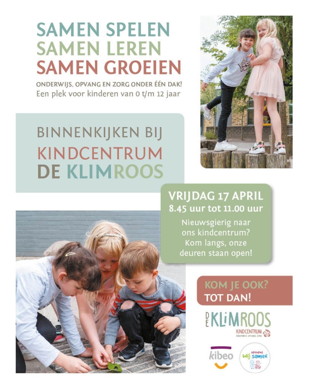 👀✨Binnenkijken in ons kindcentrum 

Op vrijdag 17 april organiseren wij een koffie-ochtend in ons kindcentrum. De koffie-ochtend is bedoeld voor alle (nieuwe) ouders die geïnteresseerd zijn in onze opvang, zorg en/of ons onderwijs 📚

Tijdens deze ochtend besteden wij aandacht aan het thema taal. Hoe begeleiden en stimuleren wij de taalontwikkeling bij kinderen van 0 tot 12 jaar die soms ook een zorgvraag hebben? 🗣️💬

Om 10.00 uur is er een vrijblijvende rondleiding.

U bent van harte welkom om een kijkje te komen nemen, sfeer te komen proeven en kennis te komen maken met kindcentrum De Klimroos.

Aanmelden is niet nodig, onze deuren staan die ochtend open 👋

Graag tot dan!

@kibeoklimroos 
@stichtingwijsamen